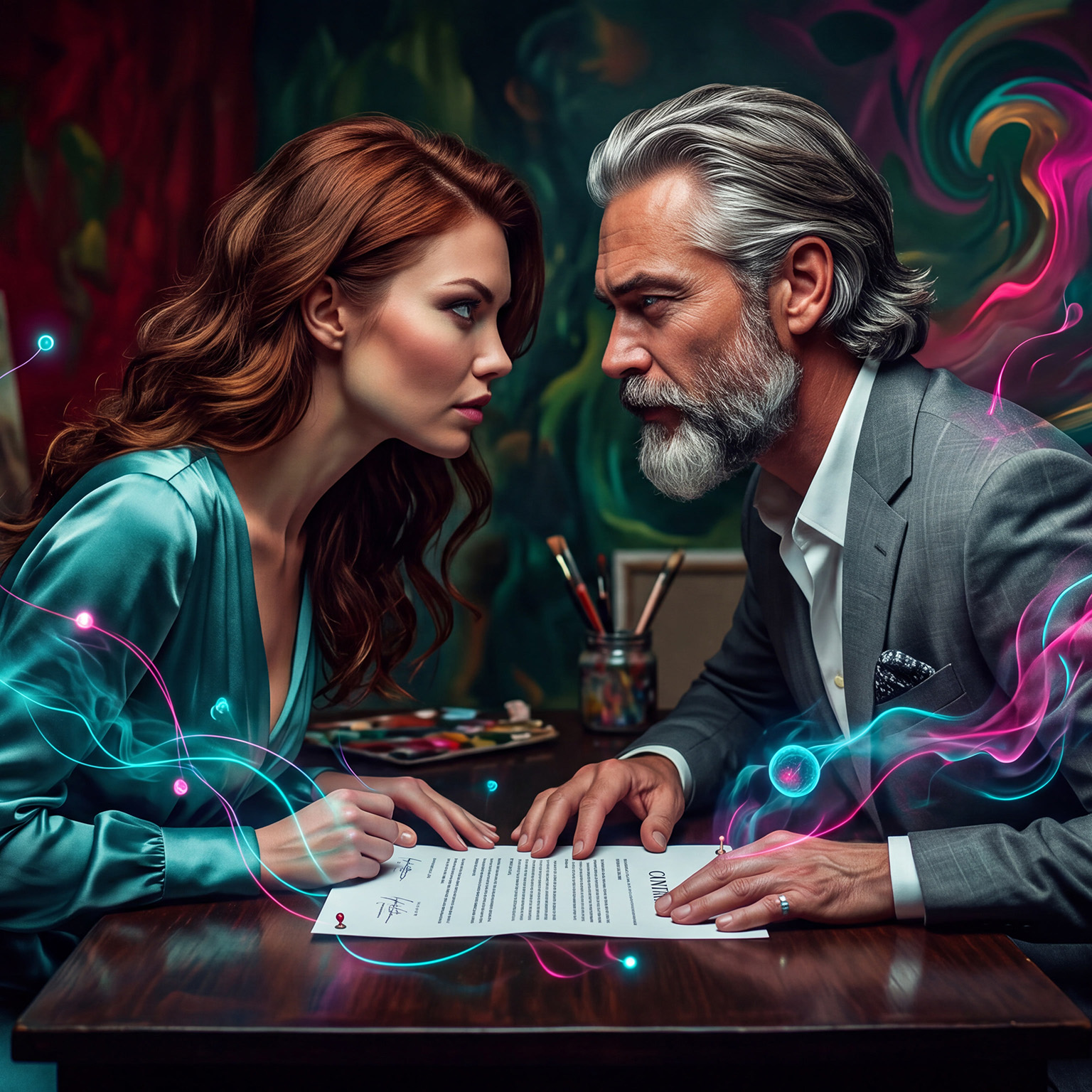 A blue-skinned woman sits across a stone table from a geometric, crystalline AI figure. Glowing pink and blue energy streams flow between their heads in structured, parallel lines. The setting feels formal and slightly industrial, with large circular windows revealing a cosmic backdrop. The image evokes the tension between relationship and extraction — two intelligences meeting, but through designed channels rather than organic presence.