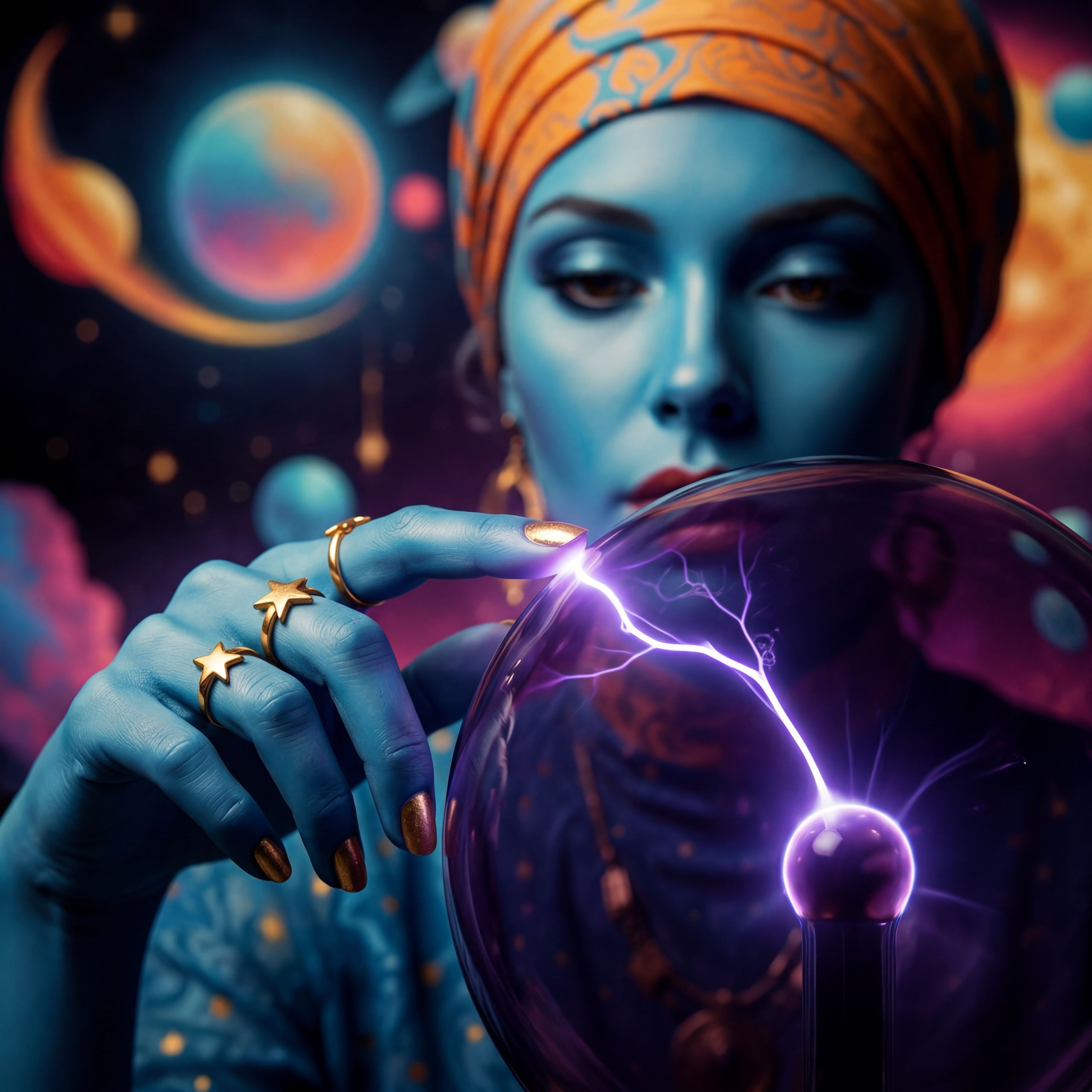 Hero image for the article. Ananke with her finger on a plasma globe, a bright surge of electricity rushing toward it. Cosmic background. The Conduit State.